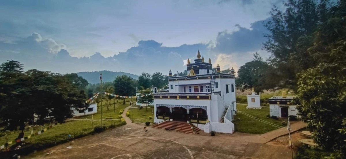 Dundul Raptenling Monastery among green hills in Odisha